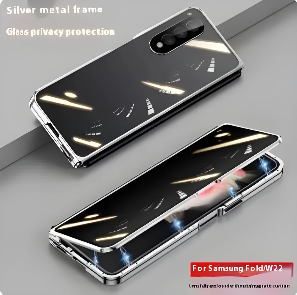 Black magnetic suction glass phone case for Samsung Z Fold 2 3 4 with metal frame and hot-pressed finish