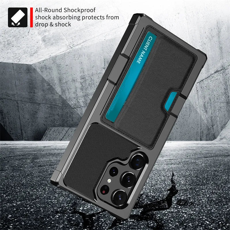 Black TPU PC phone case with card slot for Samsung, showing back with card inserted