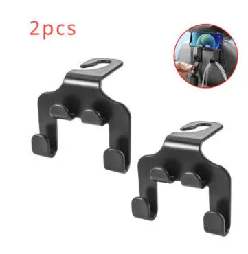 Two white ABS plastic car hooks for mounting phones and organising items in vehicles.