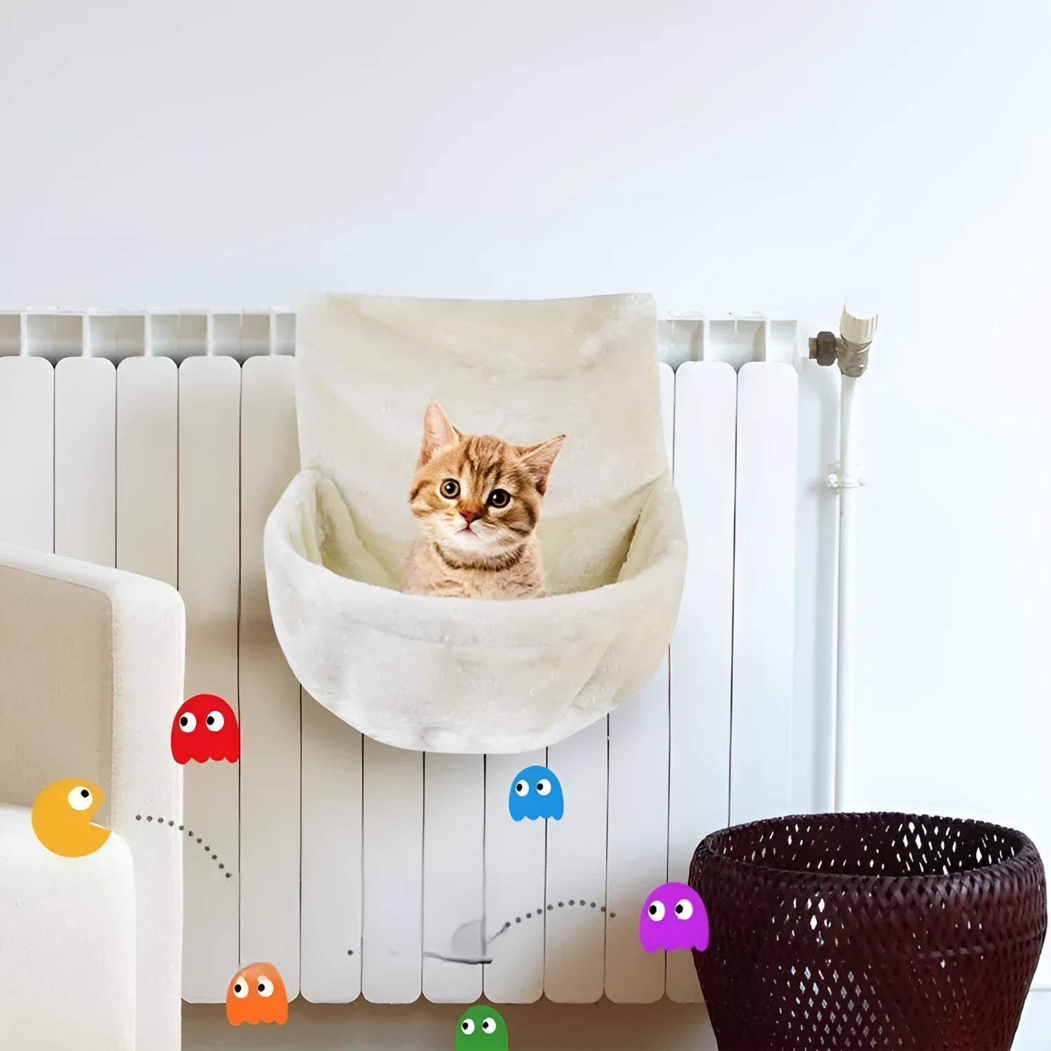 Grey iron frame cat hammock with soft fleece cloth, shown as a raised pet bed.