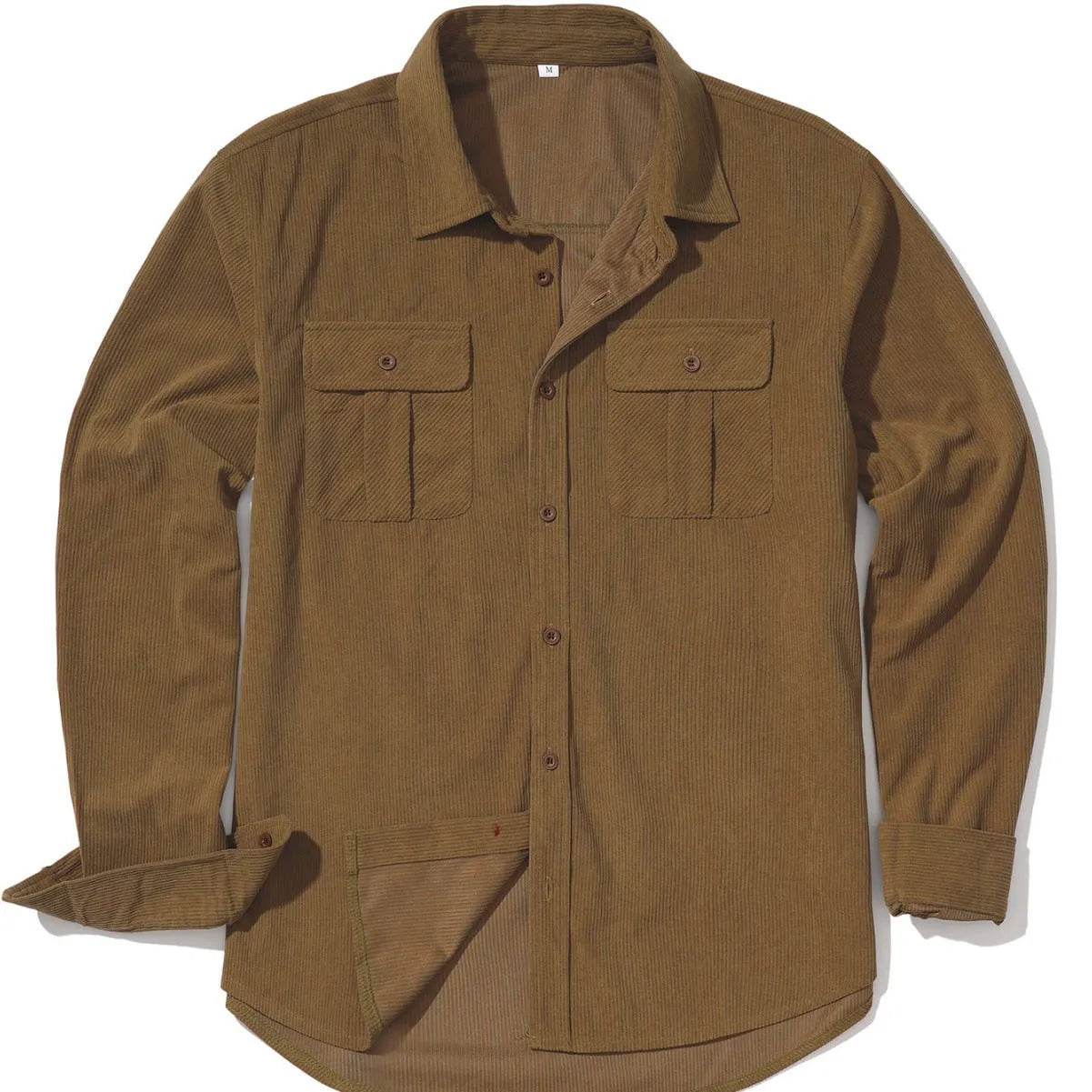 Man wearing a loose-fit Army Green corduroy shirt in Japanese retro style with long sleeves.