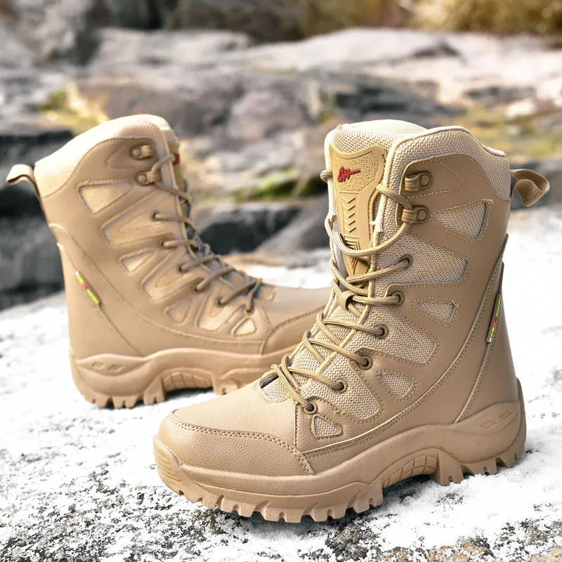 Cowhide leather hi-top hiking shoes for men and women in black, brown or beige