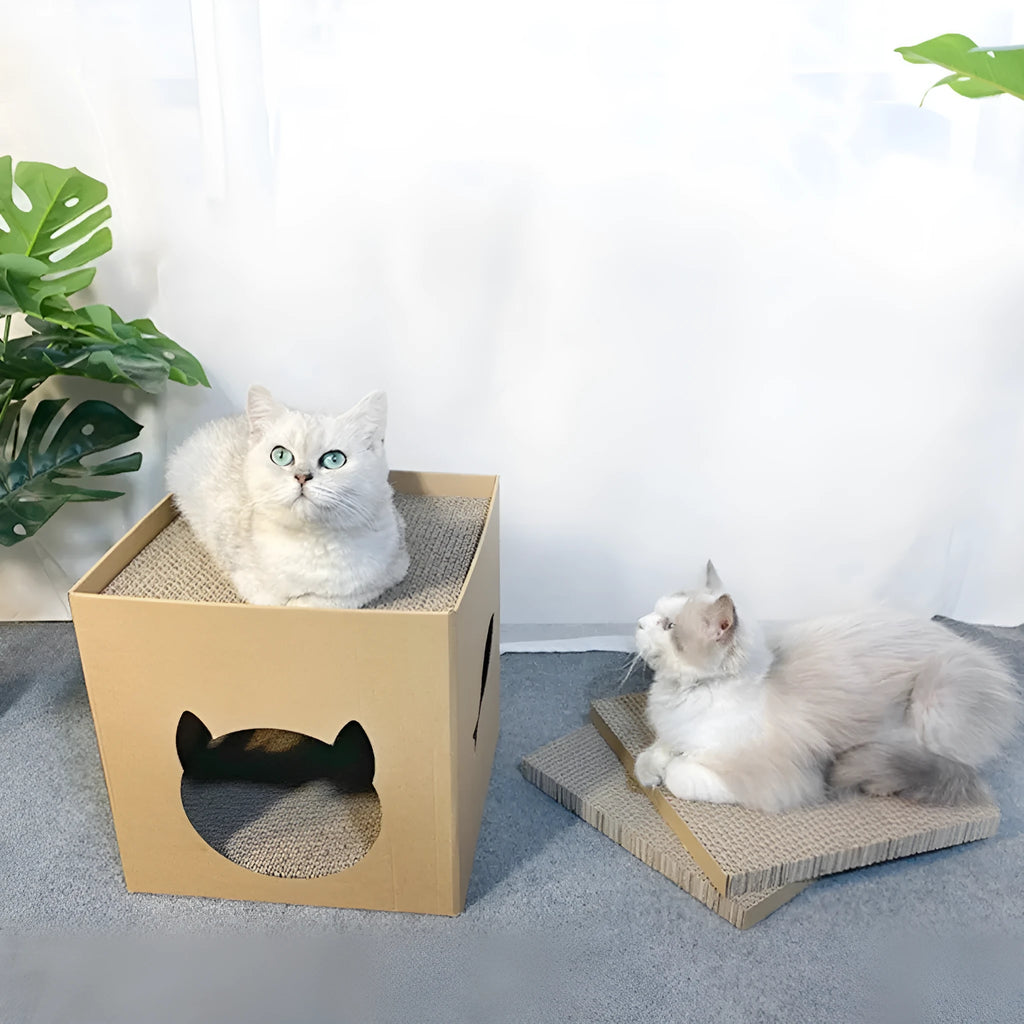 30cm square corrugated paper cat scratch board with milk carton design and box house