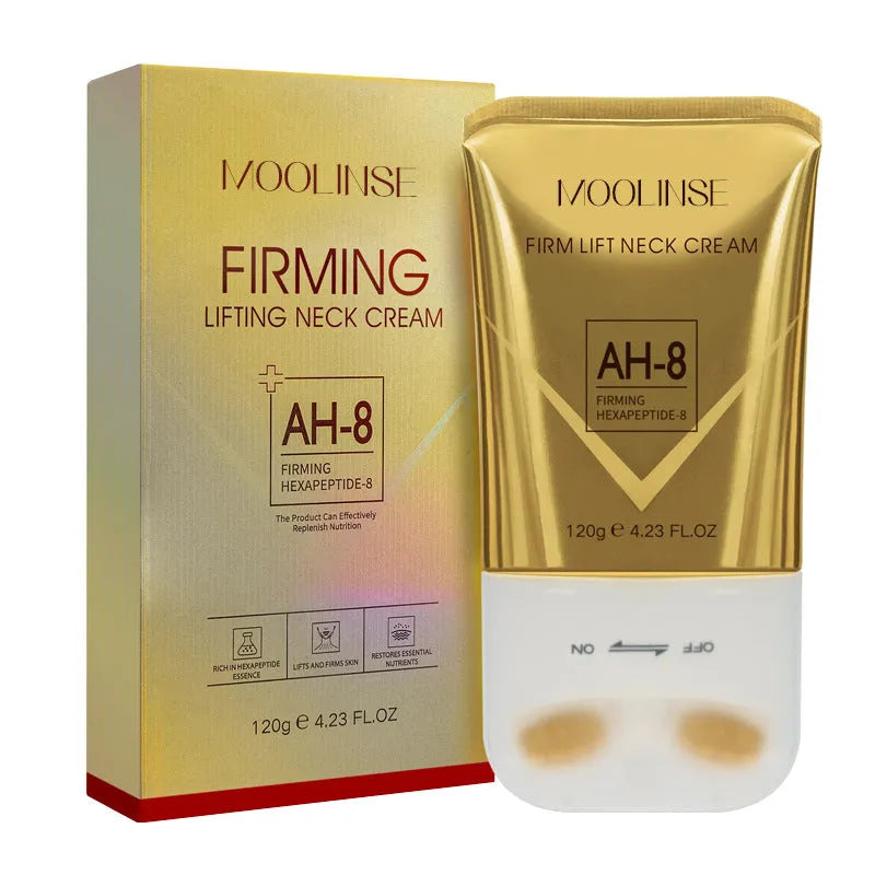 Neck moisturising cream jar with a neck roller tool for dry skin care.