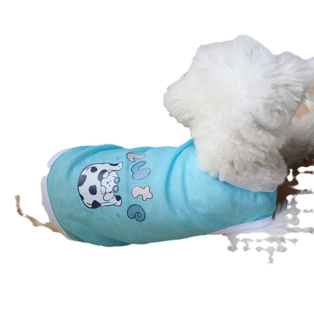 Spring summer grid cartoon printed polyester pet vest in blue, shown on a small dog, size range XS to 6XL