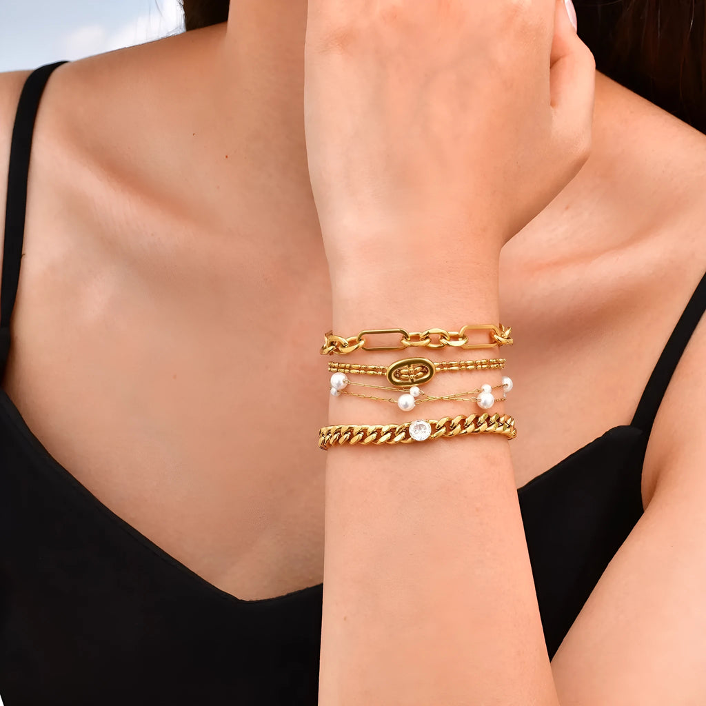 Women's titanium steel double-layer imitation pearl bracelet in geometric style with electroplated gold finish