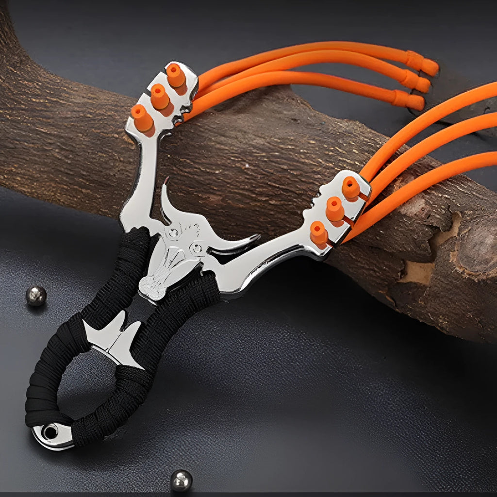 Traditional wooden slingshot with zinc alloy frame and natural rubber bands for outdoor target practice