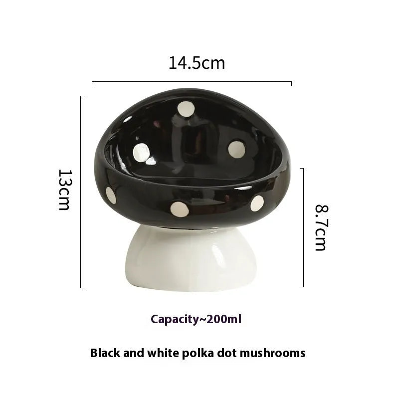 Ceramic cat bowl with oblique mouth rim, 200ml, black and white polka dot pattern