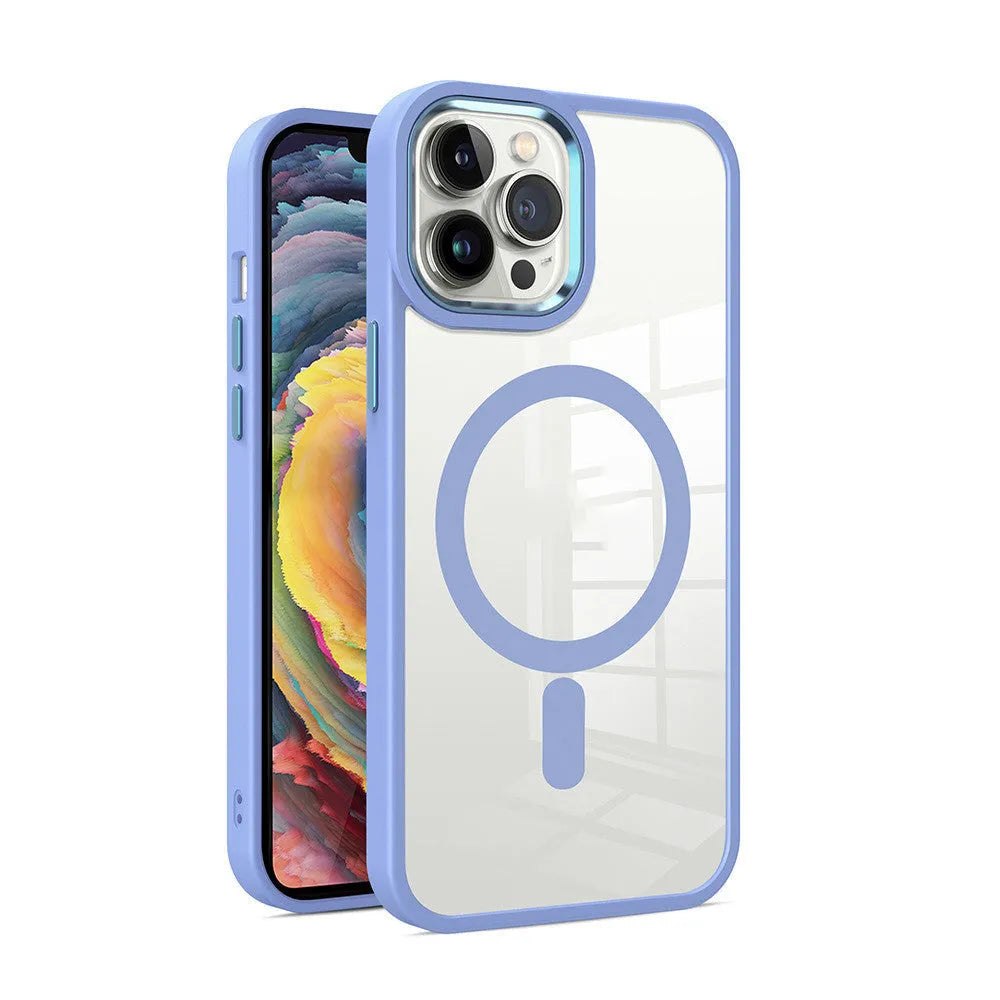 Transparent magnetic silicone phone case for iPhone on a table, showing the solid colour accent and integrated ring.