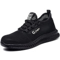 Men's black Flyknit steel toe safety work shoes with low-top design on industrial floor