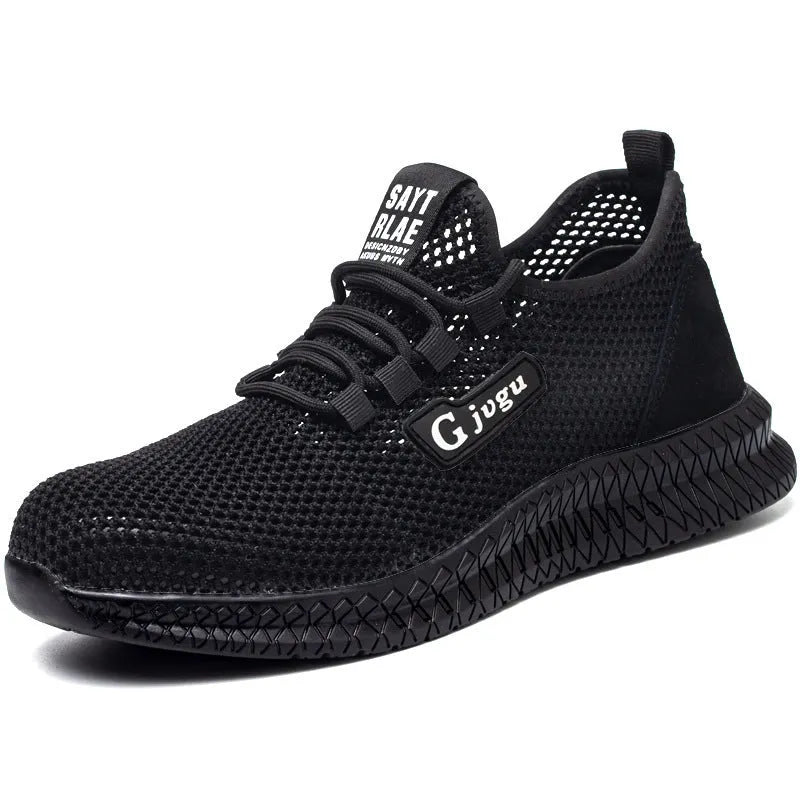 Men's black Flyknit steel toe safety work shoes with low-top design on industrial floor
