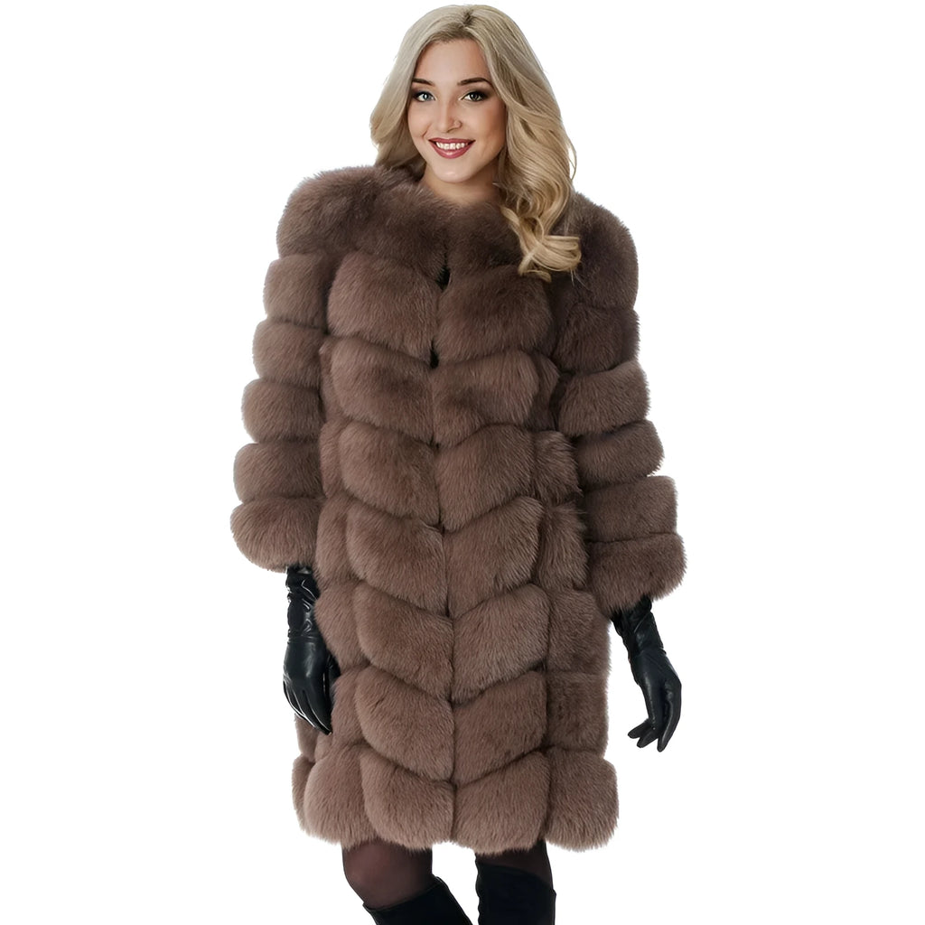 Women's long black faux fur coat with regular sleeves on a hanger.