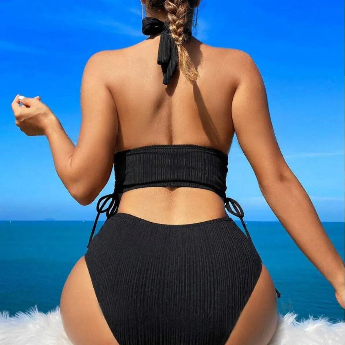 Black lace-up halter bikini set with triangle top and high-waisted briefs