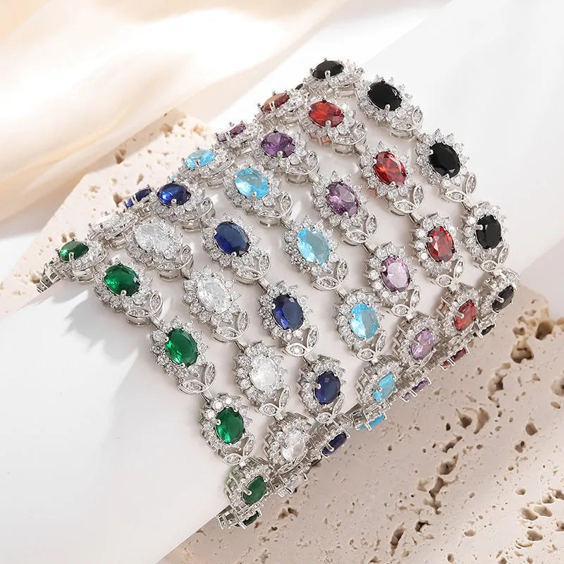 Personality Trend women's simple inlaid zircon bracelet in environmentally friendly alloy, shown in one of nine gemstone colour options.