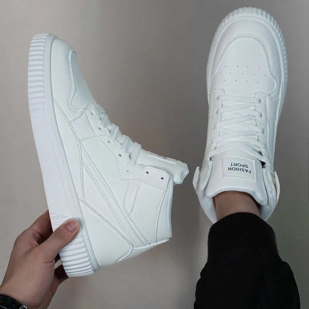 Men's white microfiber casual shoes with round toe design for autumn winter wear