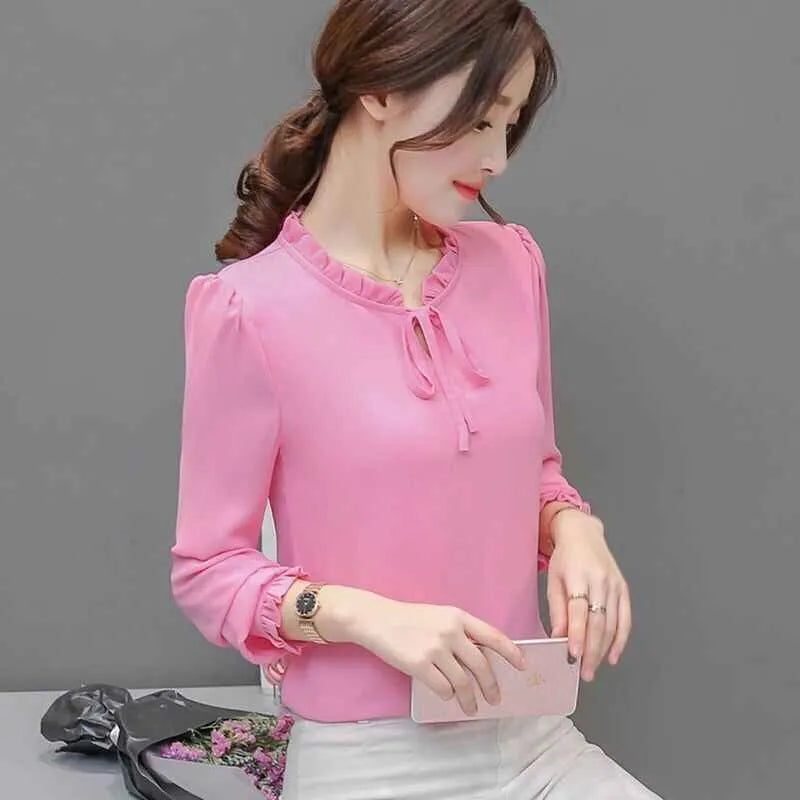 Loose plus size chiffon shirt for women with long sleeves in rose red colour