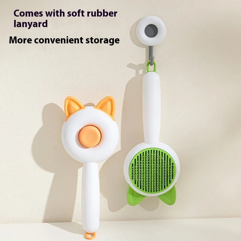 Self-cleaning cat grooming comb with stainless steel bristles in greenish white colour