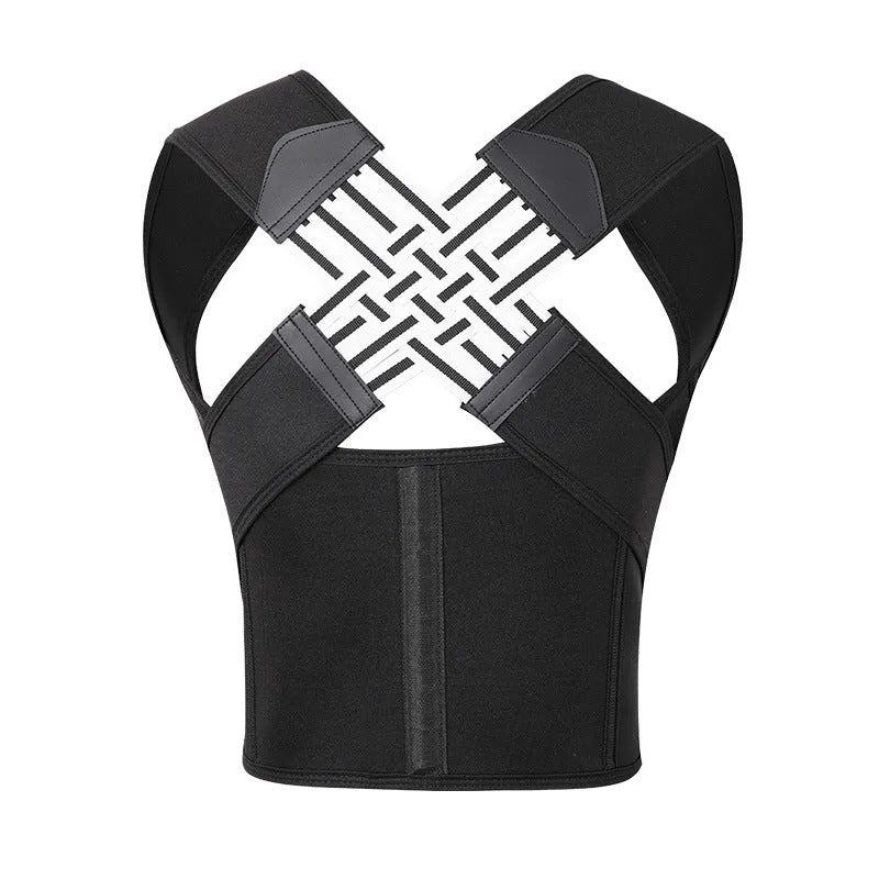 Unisex nylon posture corrector in black, sizes S to XXXL, for chest lift and back support.