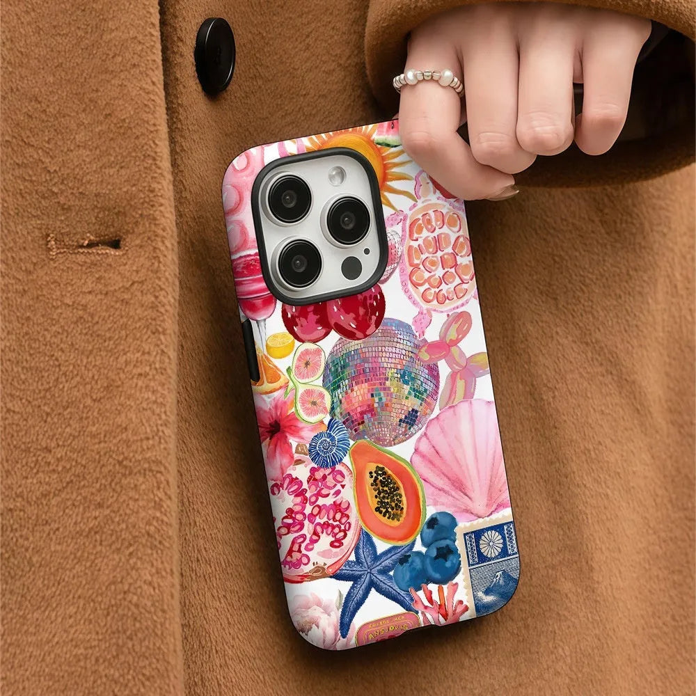 Marine bio printed double-layer film shell phone case in glossy white with shockproof and anti-fall protection for iPhone