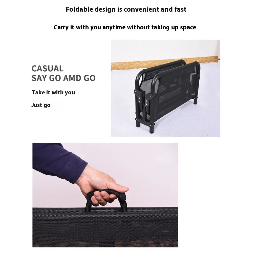 Folding dog camp bed with iron frame, mesh layer, and mattress in multiple sizes