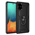 Drop-resistant bracket magnetic phone case for Samsung A03S in black, showing TPU PC metal back cover with built-in bracket