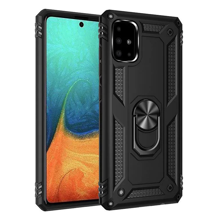 Drop-resistant bracket magnetic phone case for Samsung A03S in black, showing TPU PC metal back cover with built-in bracket