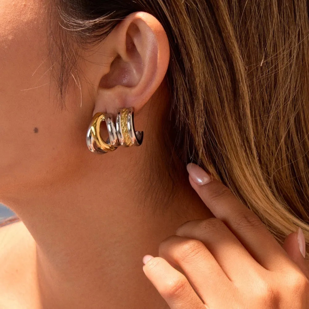 Stainless steel geometric earrings for women with 18K electroplated gold and silver colour matching round ring line design