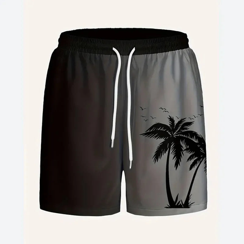 Men's loose-fit polyester beach shorts shown in one of 11 colour options, sizes up to 5XL.