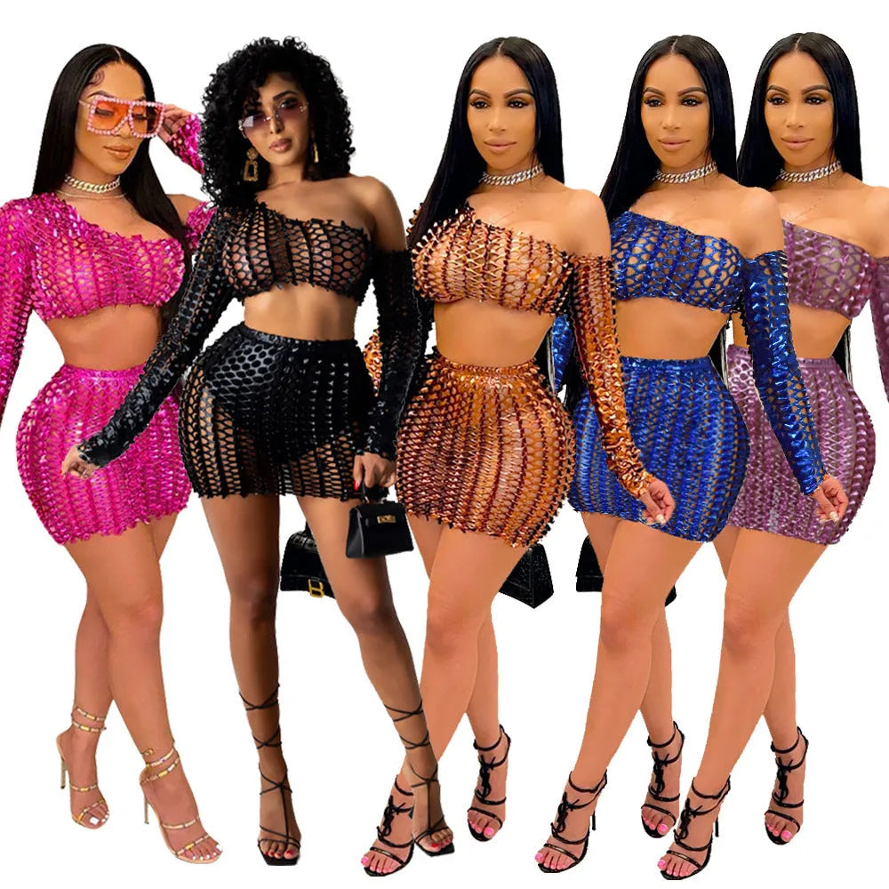 Women's hollow-out net hole two-piece dress set in polyester fabric