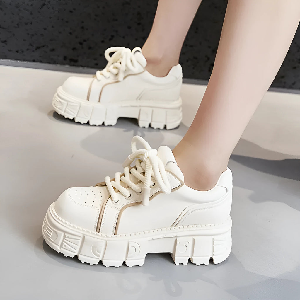 Beige and pink leather muffin bottom casual shoes with rubber foam soles