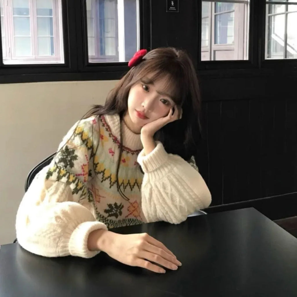Women's milky white lantern sleeve mori knitwear pullover sweater on hanger
