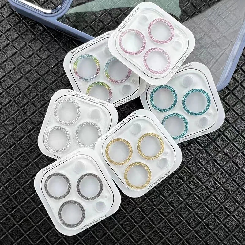 Tempered glass iPhone lens protector with integrated rhinestone glitter design in multiple colours