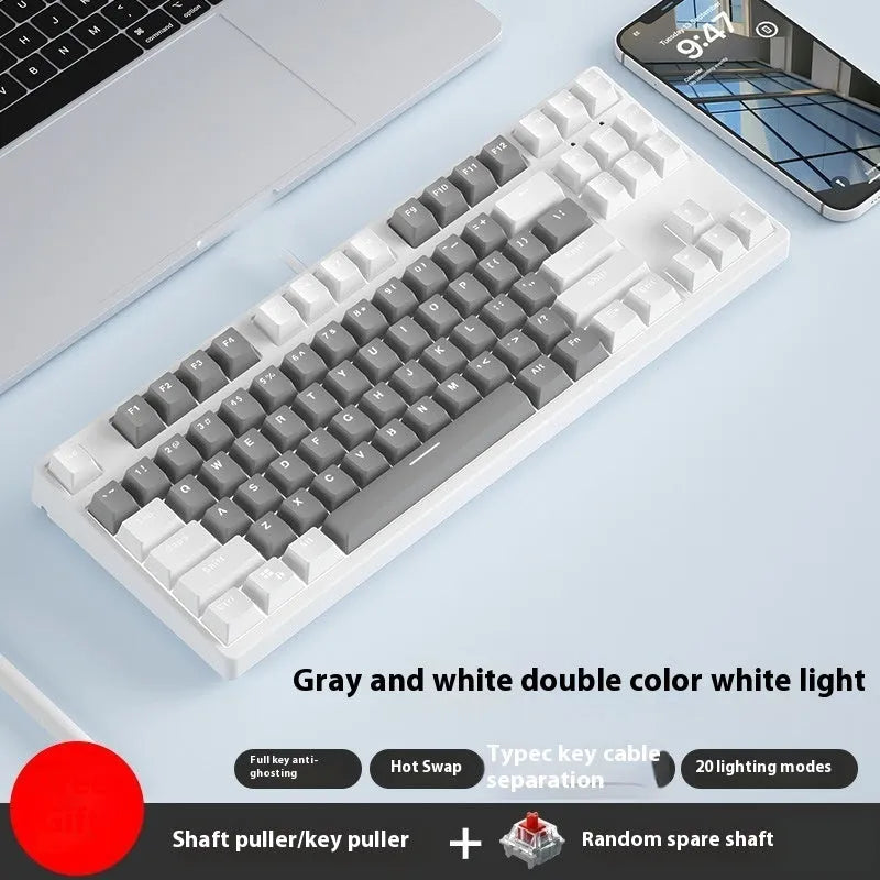 87-key wired mechanical gaming keyboard with hot-swappable switches in dual-colour keycap configuration