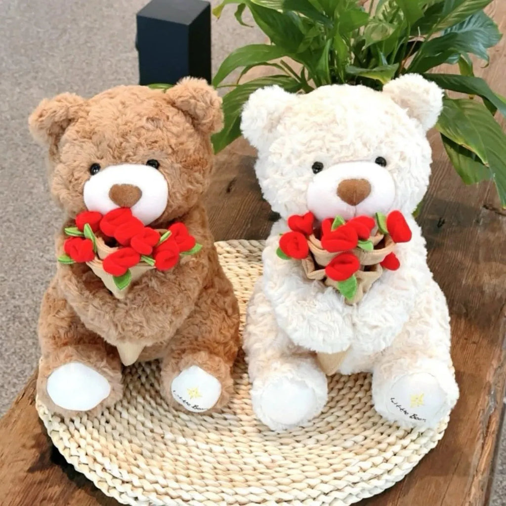 Rose bouquet bear doll plush toy in dark brown or light brown, small or large size, with one plush toy per pack