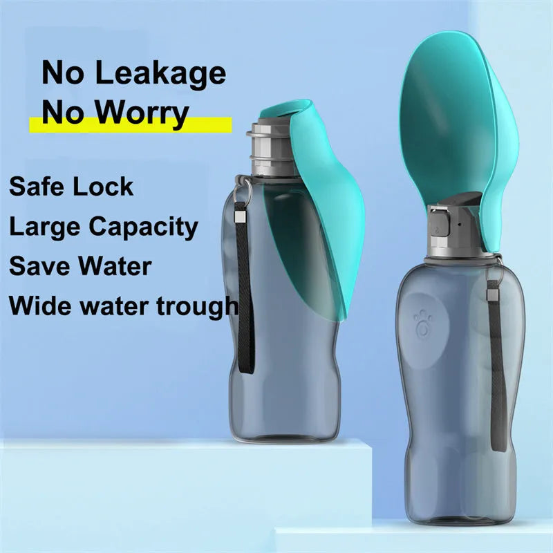800ml portable dog water bottle with blue foldable drinking bowl and wrist strap
