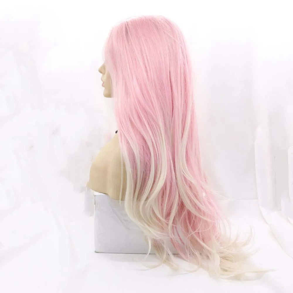 A pink gradient big wave fluffy synthetic wig on a stand, showing voluminous curls.