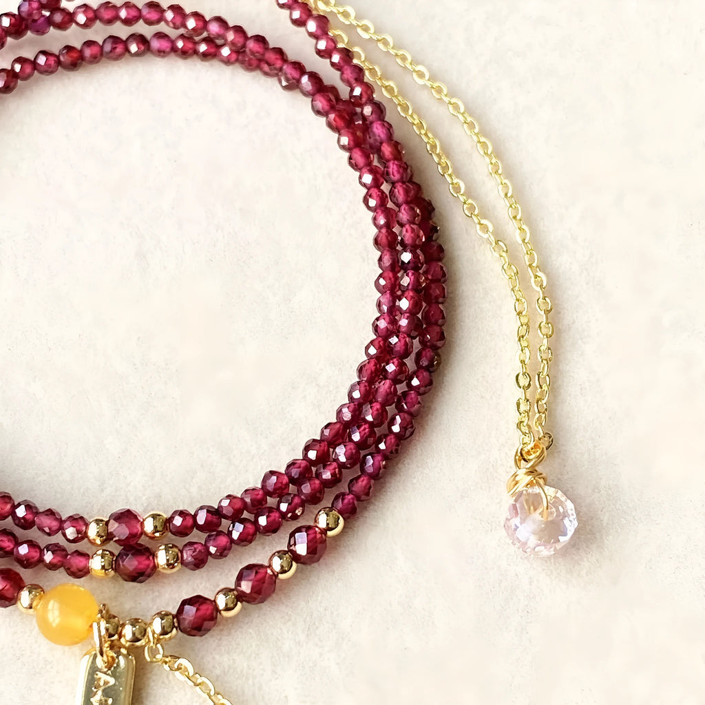 Wine red garnet three circle bracelet and necklace set with 2.5mm electroplated beads