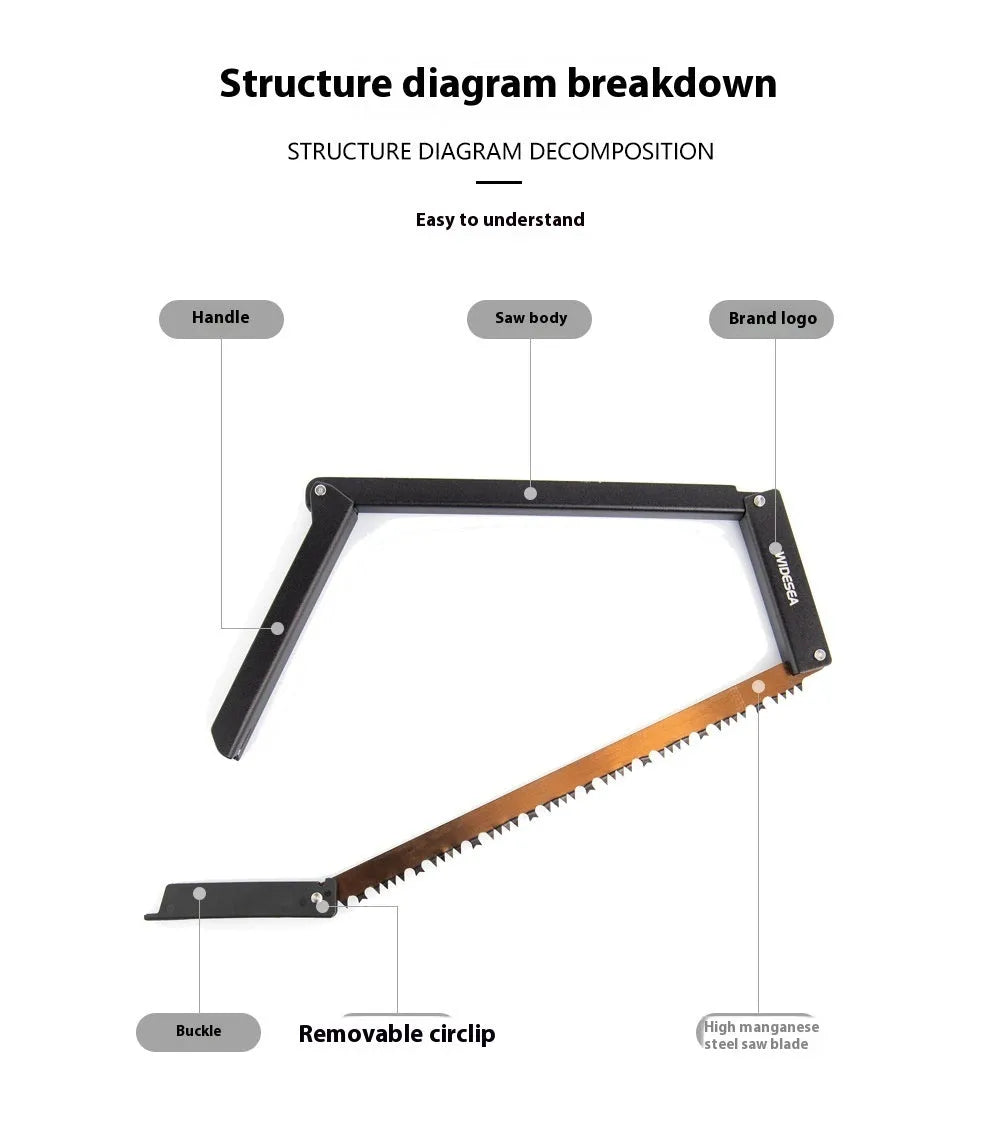 Black foldable outdoor survival saw with aluminium alloy frame and nylon handle.