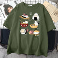 Men's loose fit cotton t-shirt with cat sushi cartoon print in various solid colours