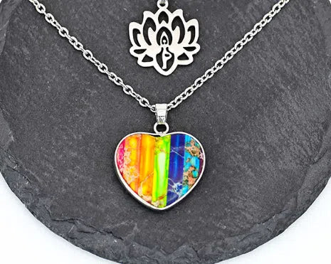 Seven-colour natural stone heart-shaped lotus pendant on a silver-toned double-layer necklace with stone beads