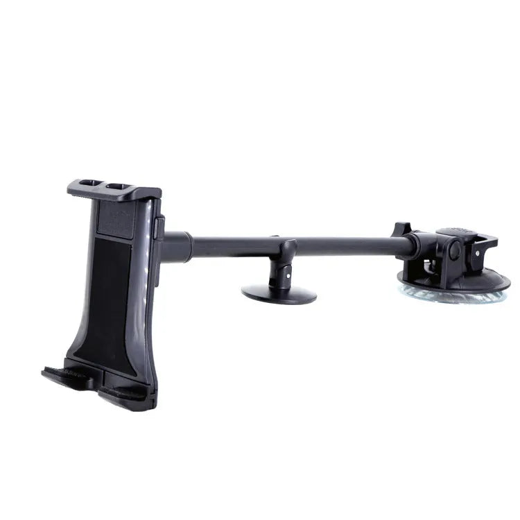 Black universal 4-12 inch car tablet holder with long-rod suction cup mounted on a dashboard.