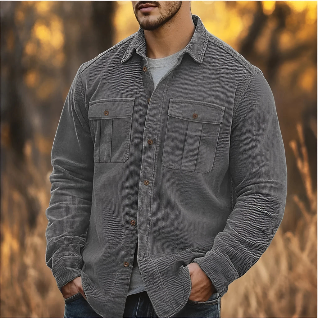 Man wearing a loose-fit Army Green corduroy shirt in Japanese retro style with long sleeves.
