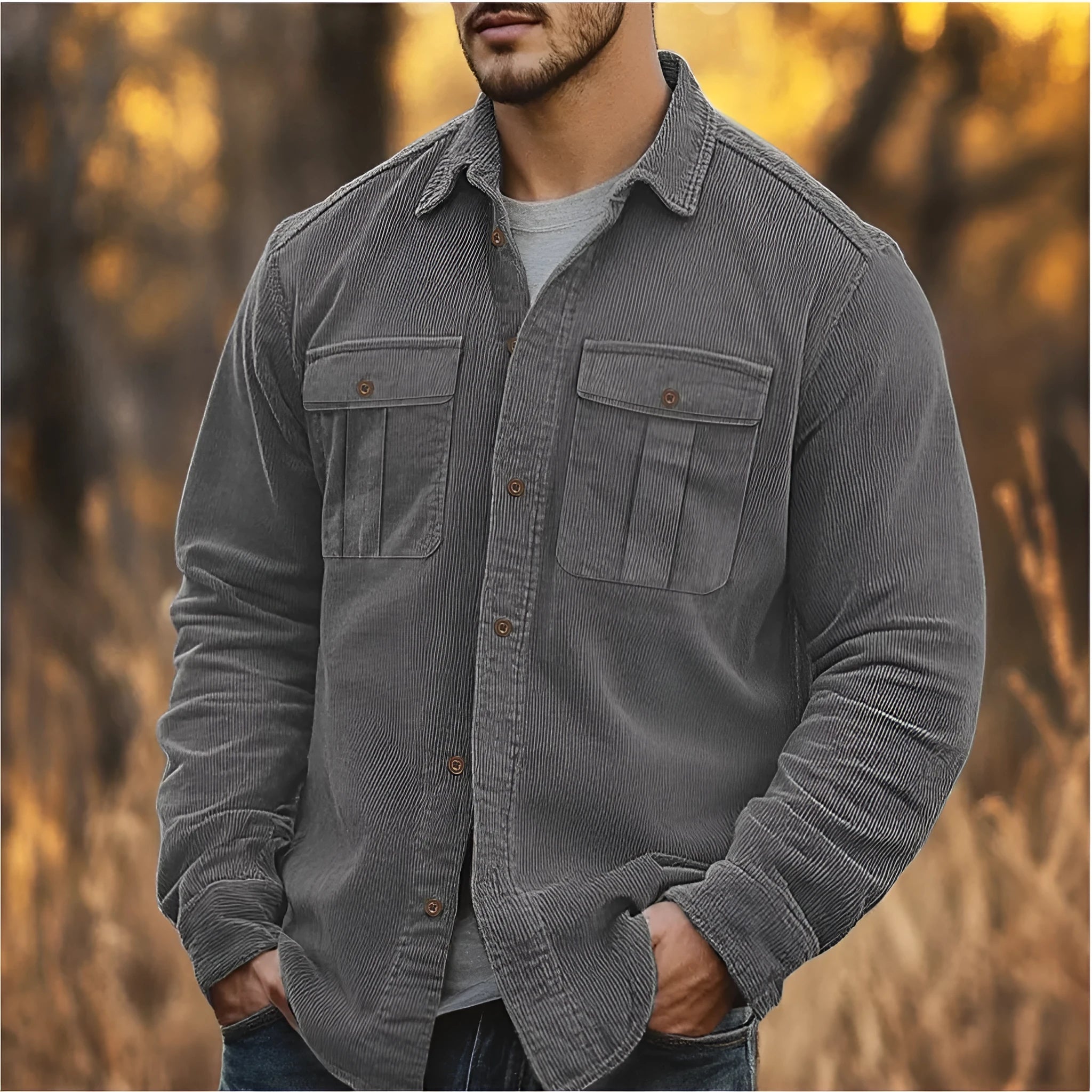 Man wearing a loose-fit Army Green corduroy shirt in Japanese retro style with long sleeves.