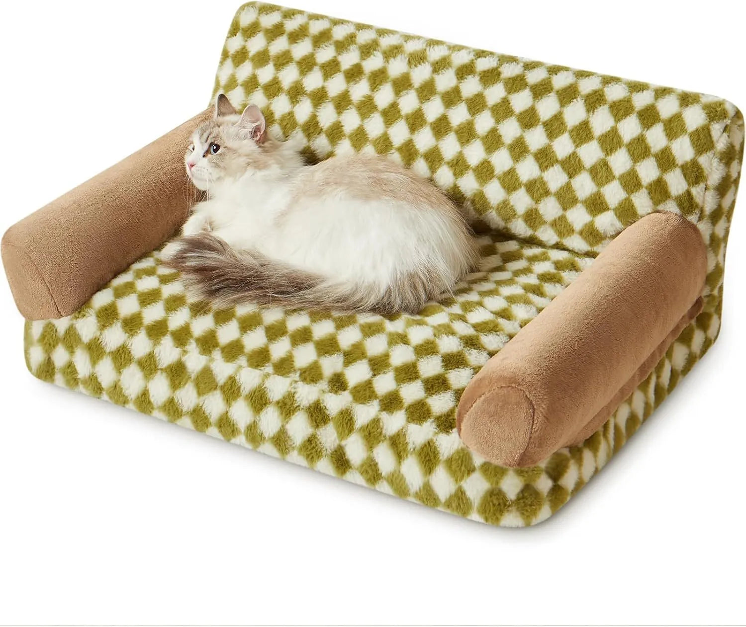A checkered pattern pet sofa bed for a small dog or cat on a wooden floor.