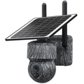 Outdoor camouflage solar surveillance camera with 4G cellular connectivity and night vision in a garden setting