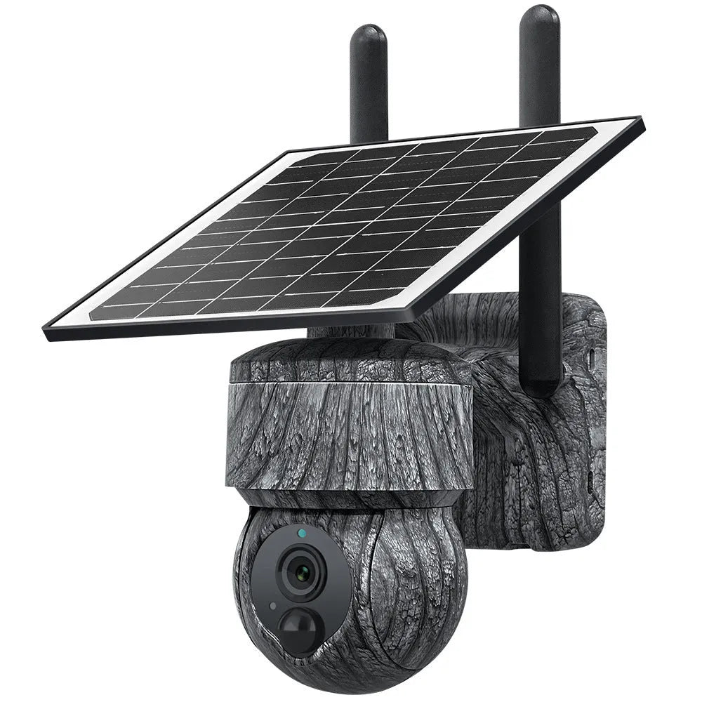 Outdoor camouflage solar surveillance camera with 4G cellular connectivity and night vision in a garden setting