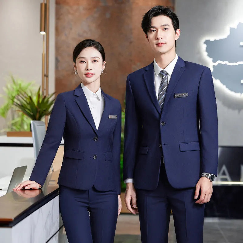 Men's and women's work suit with long sleeve polyester jacket and matching trousers or skirt in black