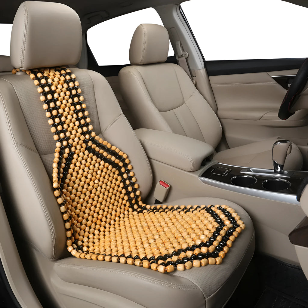 Beige and black universal ventilated car seat cushion for five-seat vehicles showing breathable mesh texture