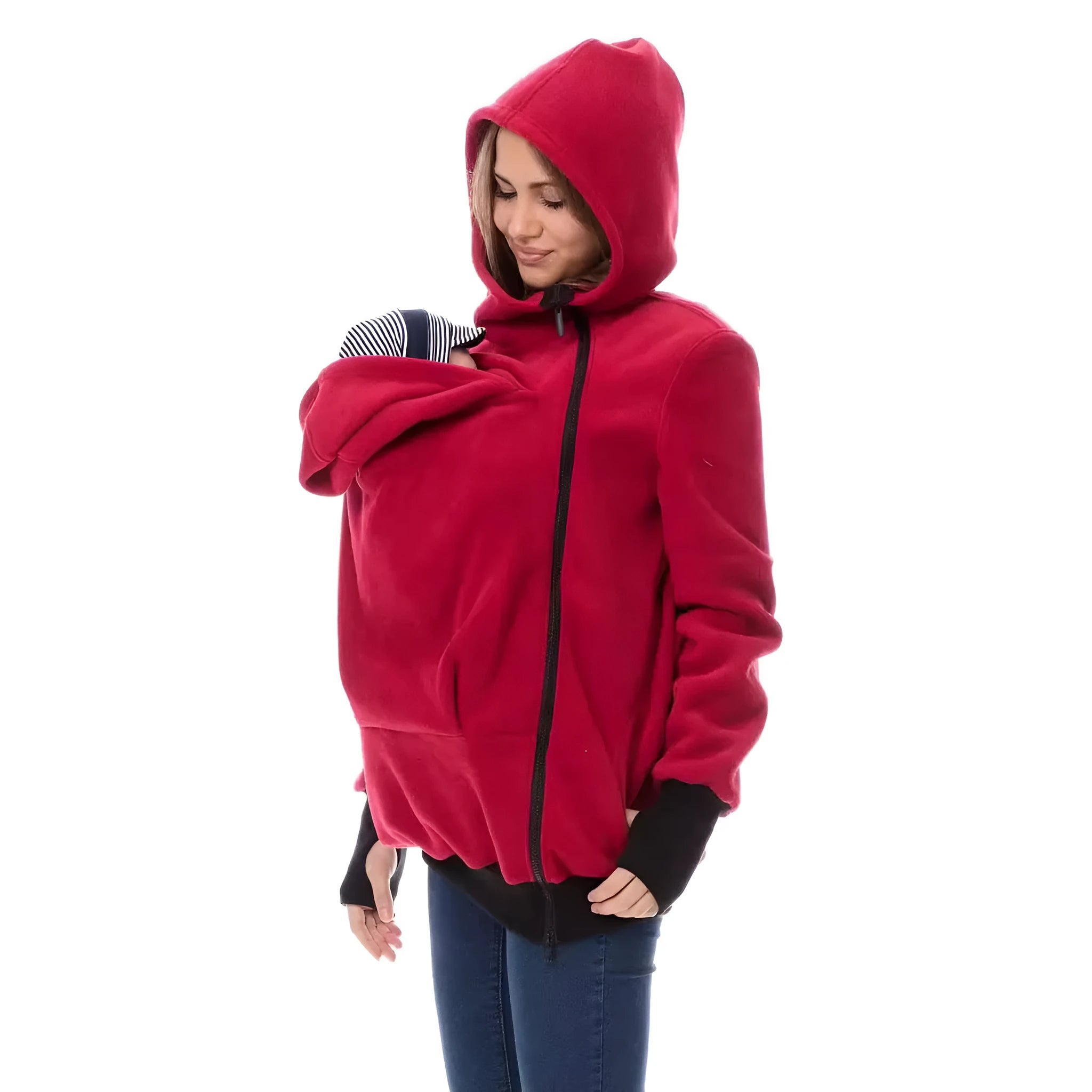 Red women's loose polar fleece sweater with long sleeves and spandex blend fabric