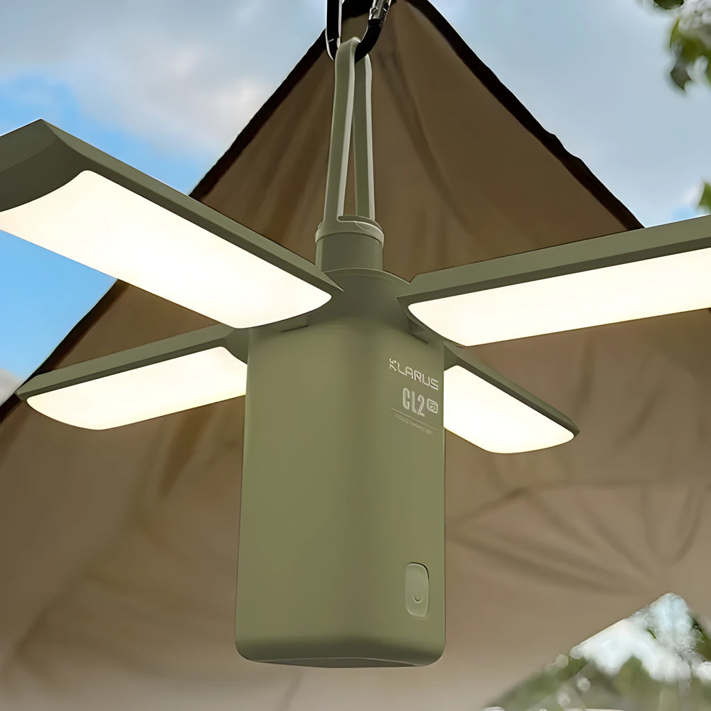 Rechargeable green and white LED campsite lamp with USB charging cable.